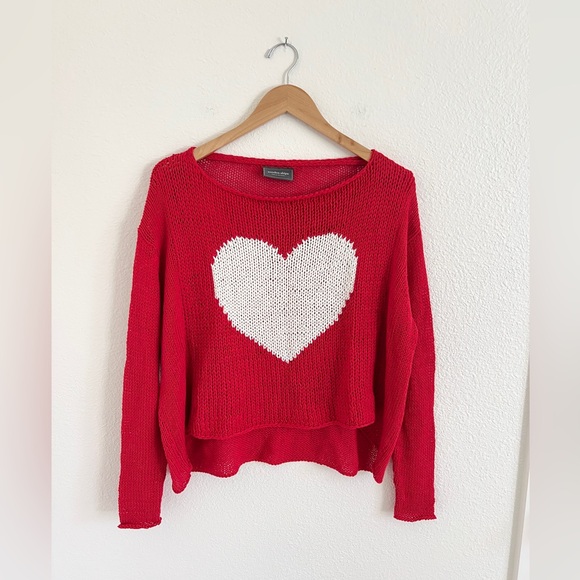 WOODEN SHIPS sweater / red white heart lightweight beach sweater / size XS-S - Picture 1 of 5